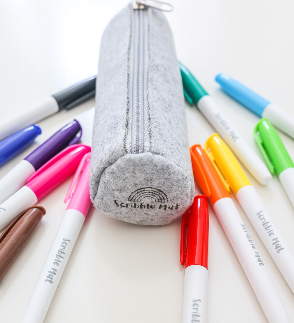 12 pens (dry-erase) in grey pencil case